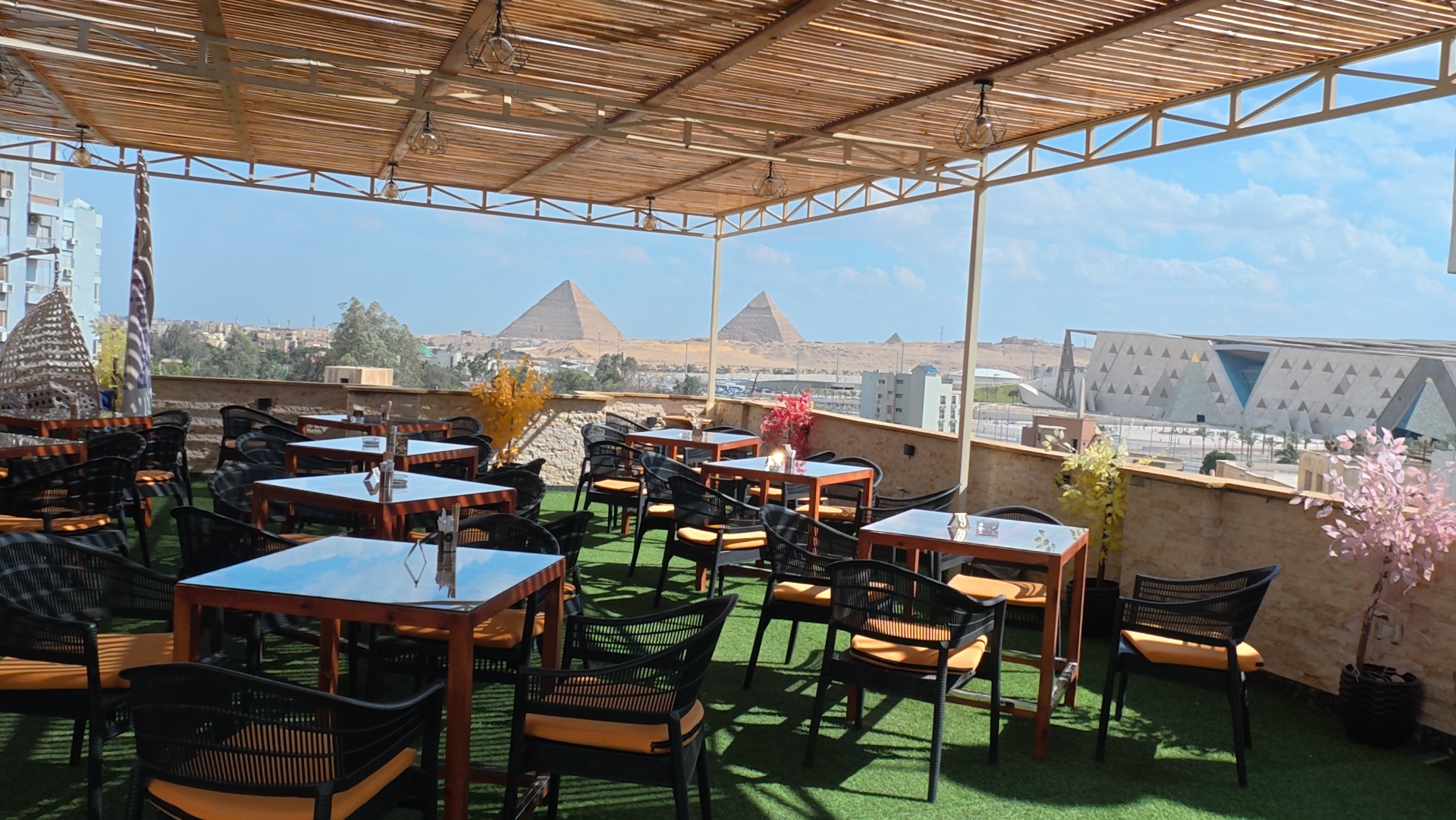 The Great Pyramid of Giza seen from the Grand View rooftop terrace